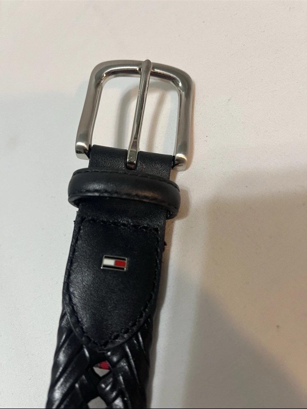Tommy Hilfiger Black Braided Leather Belt with Silver Buckle